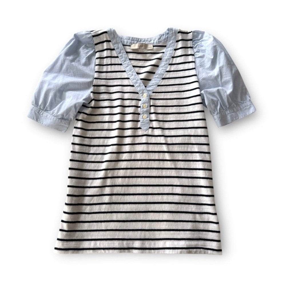 Loft Henley Mixed Media Puff Sleeve Top